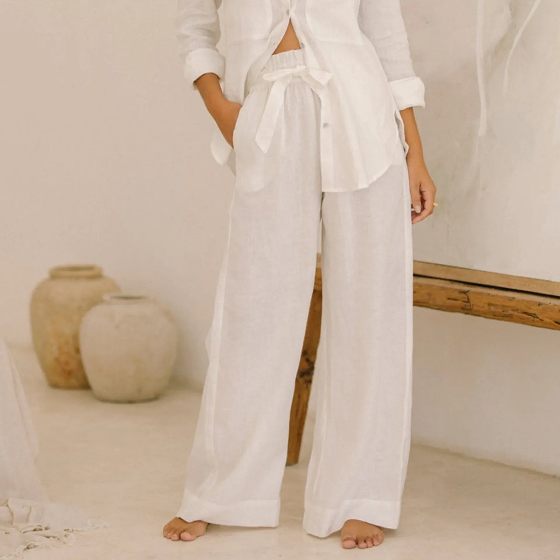 Anna-Berg | Ruffle-Waist Wide-Leg Linen Pant