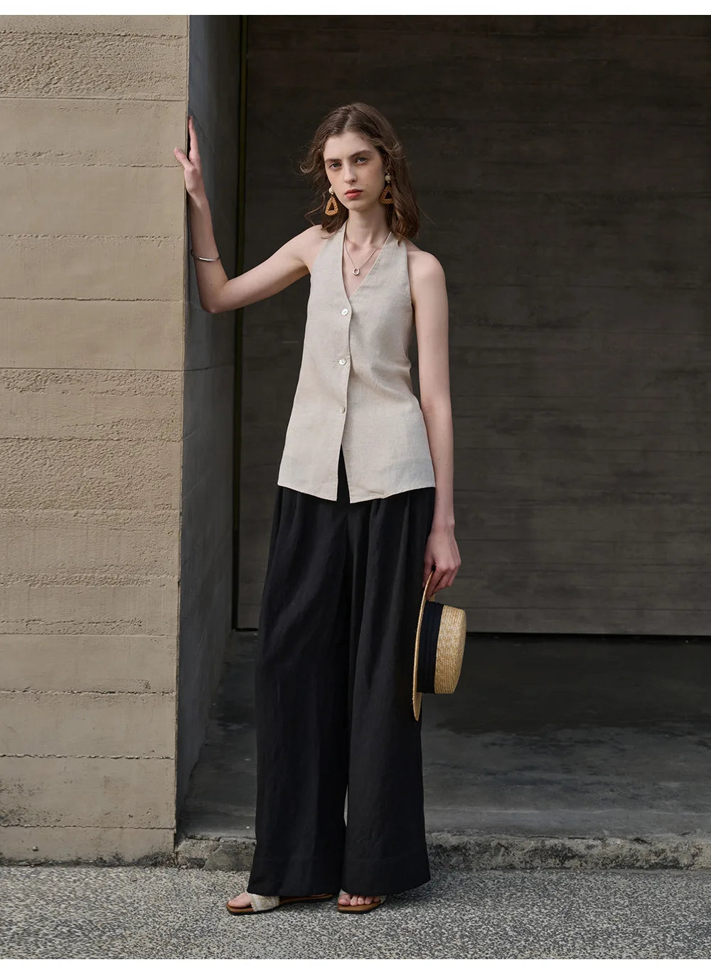 Anna-Berg | Natural Halter Linen Waistcoat Top