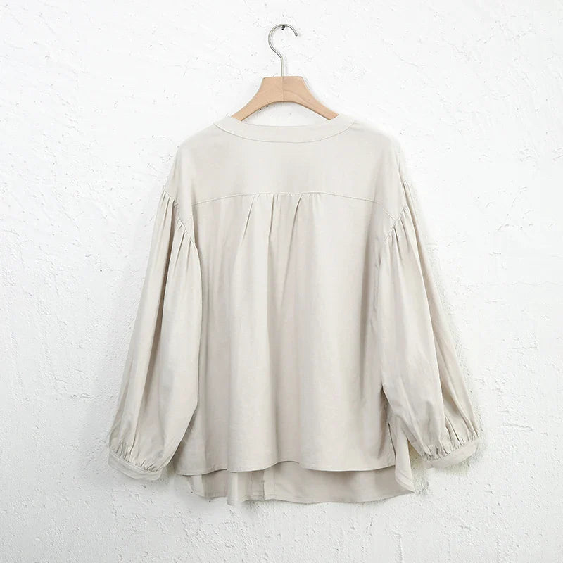 Anna-Berg | Ivory Gathered Lantern-Sleeve Cotton Blouse