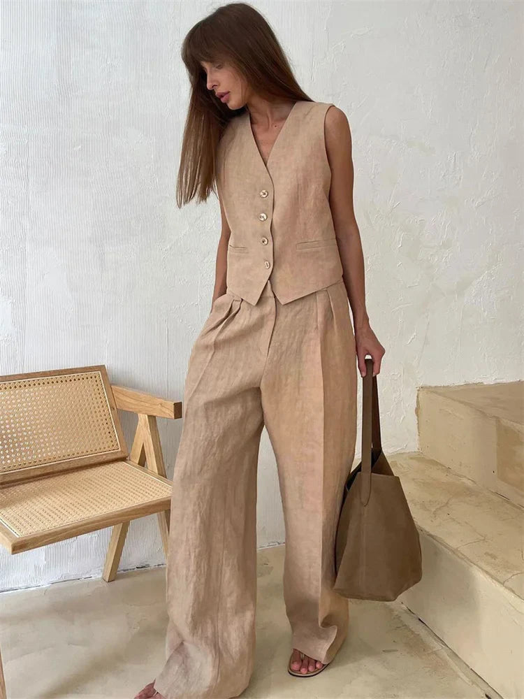 Anna-Berg | Natural Relaxed-Fit Belted Linen Trouser Set