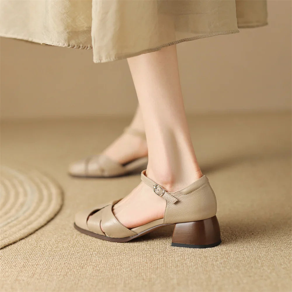 Anna-Berg | Black Braided Ankle-Strap Mid-Heel Leather Pumps