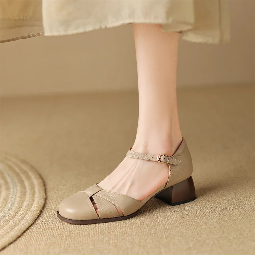 Anna-Berg | Black Braided Ankle-Strap Mid-Heel Leather Pumps