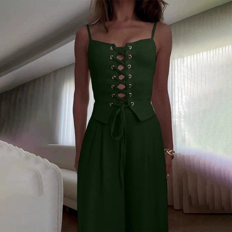 Anna-Berg | Lace-Up Top Wide-Leg Cotton-Blend Set