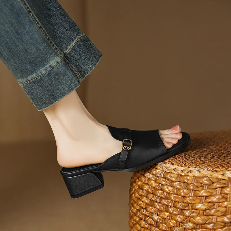 Anna-Berg | Black Adjustable Buckle Leather Slide