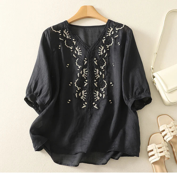 Anna-Berg | Ivory V-Neck Cotton Blouse