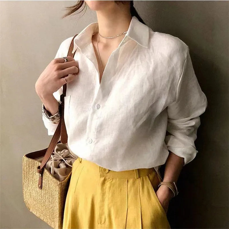 Anna-Berg | Natural Relaxed Fit Open Collar Linen Shirt