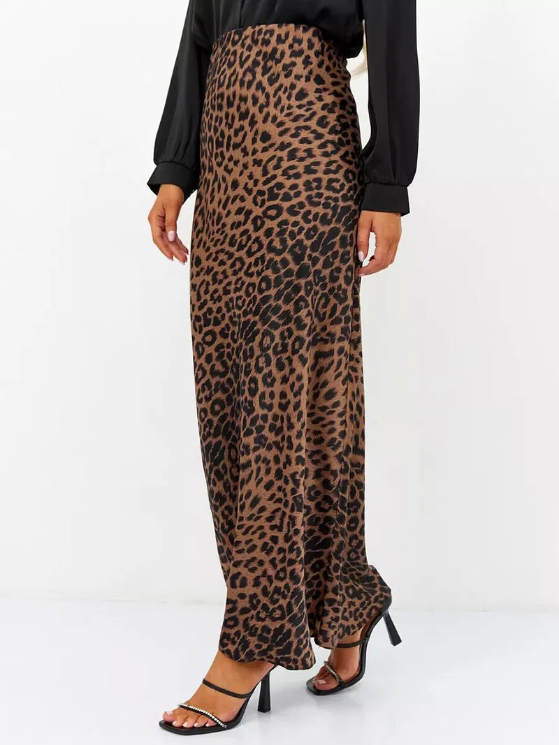 Anna-Berg | Brown Leopard-Print Satin Midi Skirt