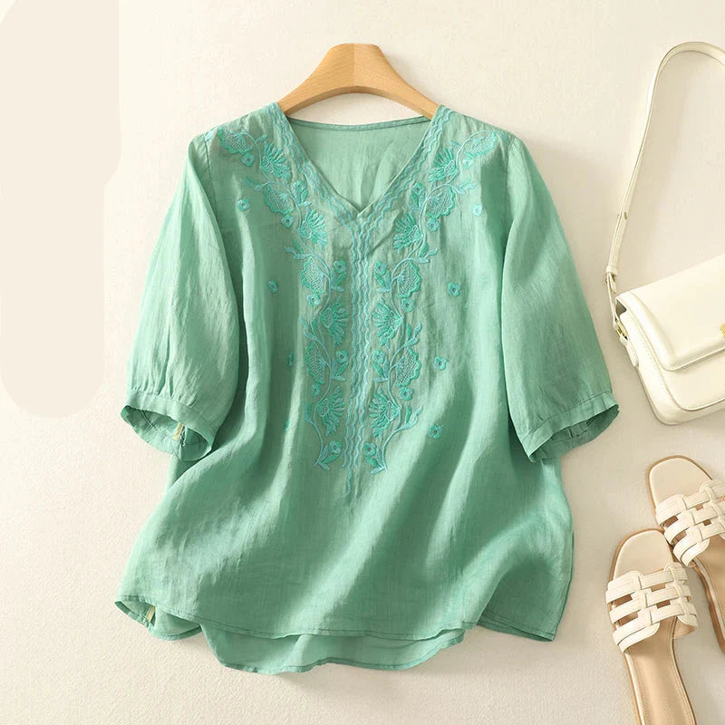 Anna-Berg | Ivory V-Neck Cotton Blouse