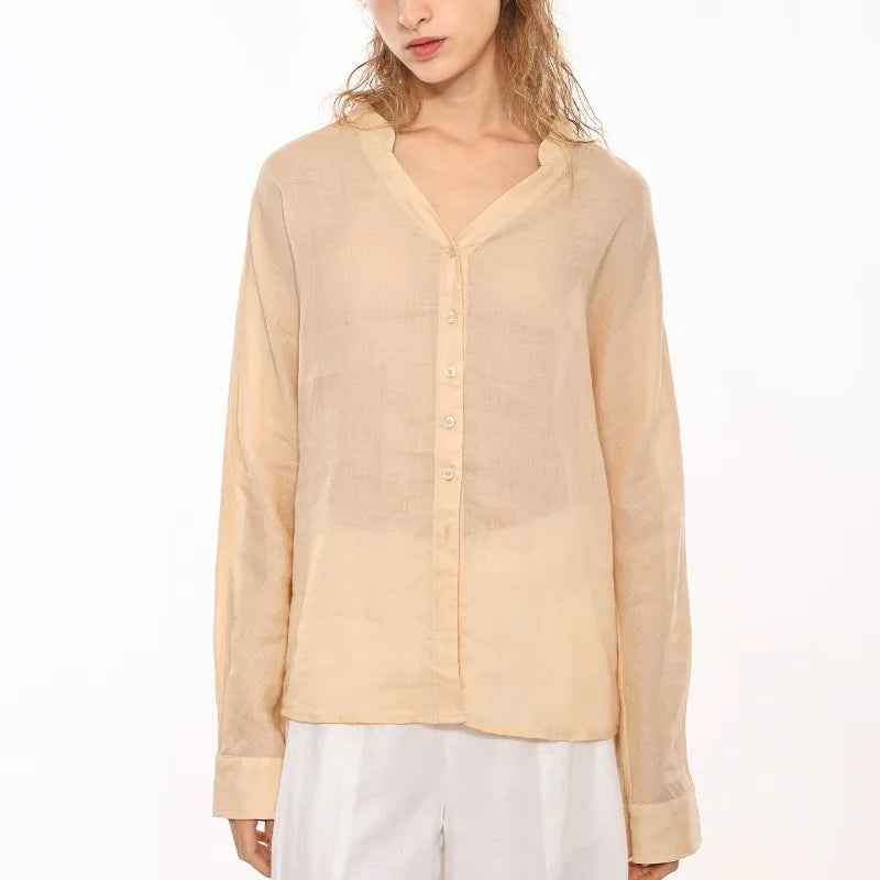 Anna-Berg | Collarless V-Neck Linen Shirt
