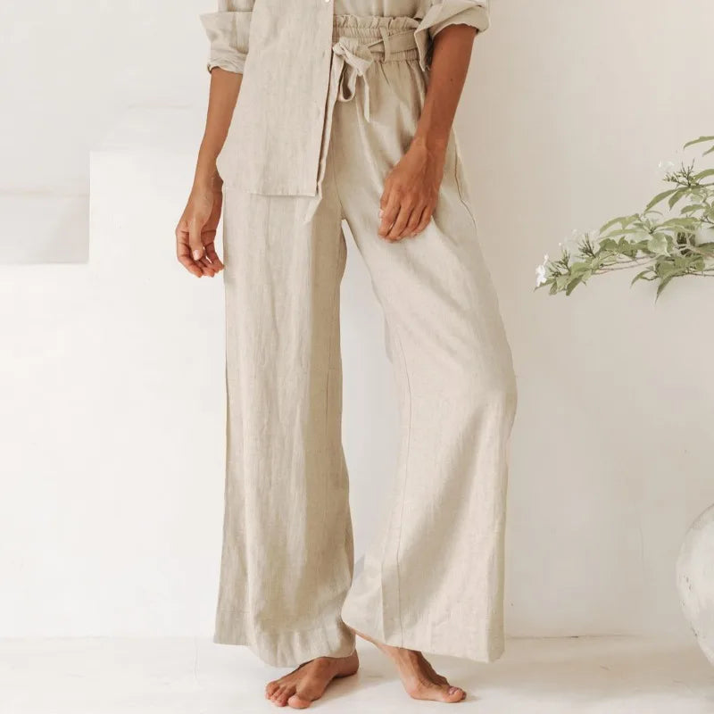 Anna-Berg | Ruffle-Waist Wide-Leg Linen Pant