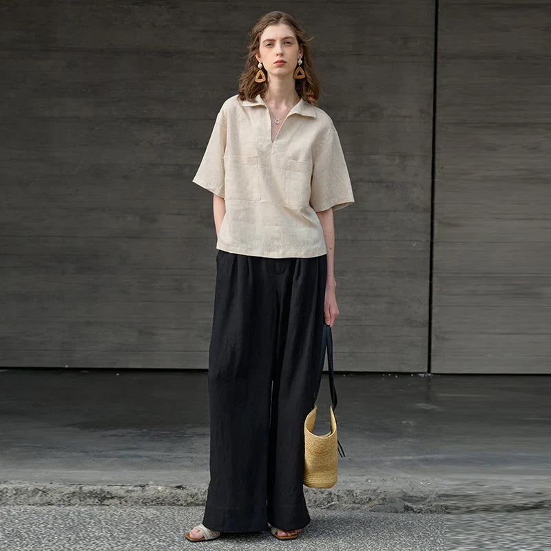 Anna-Berg | Relaxed Fit Button-Placket Linen Polo Top