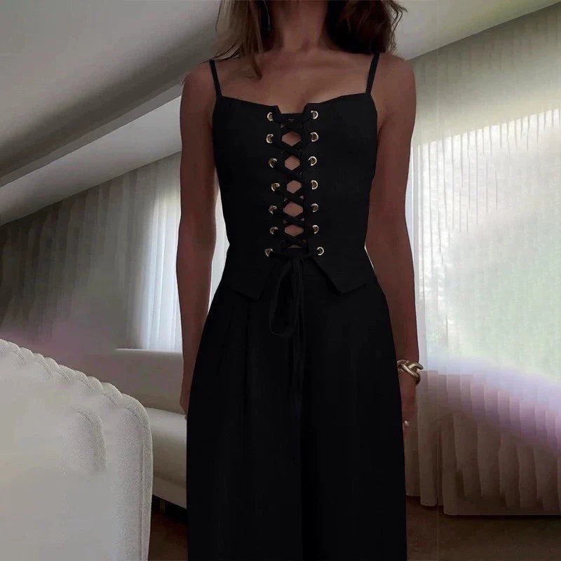 Anna-Berg | Lace-Up Top Wide-Leg Cotton-Blend Set
