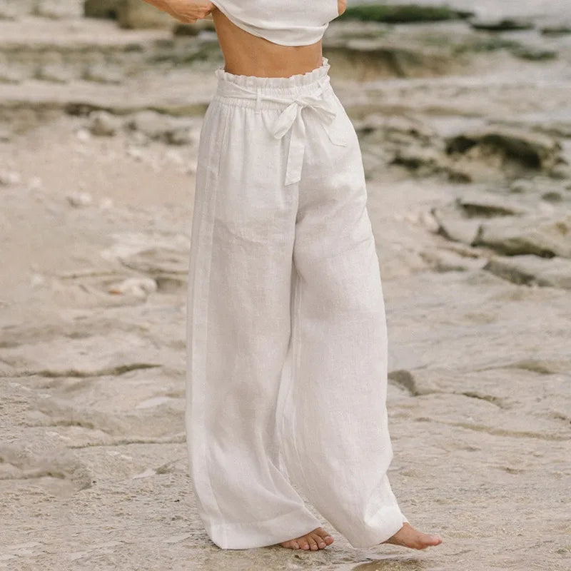 Anna-Berg | Ruffle-Waist Wide-Leg Linen Pant
