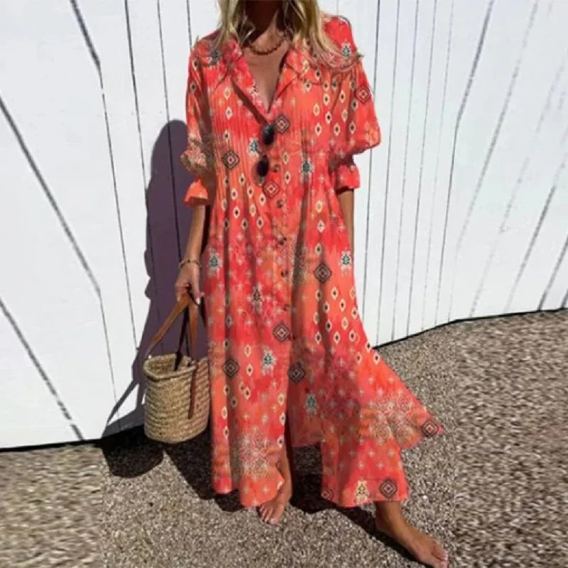 Anna-Berg | Boho Floral Long Sleeve Maxi Dress with Graceful Drape
