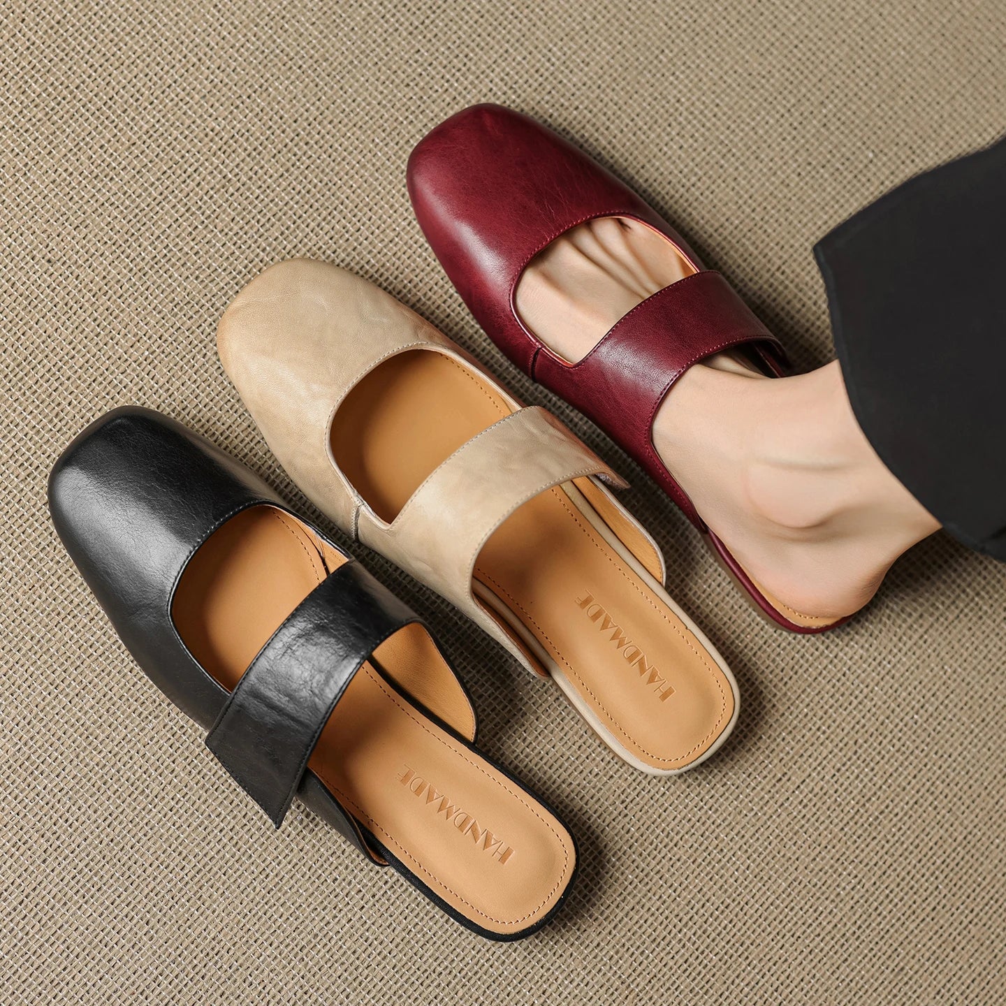 Anna-Berg | Black Square Toe Chunky Heel Leather Mules