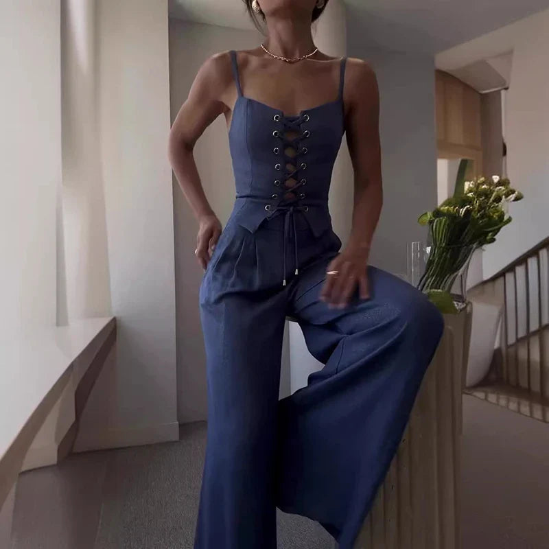 Anna-Berg | Lace-Up Top Wide-Leg Cotton-Blend Set