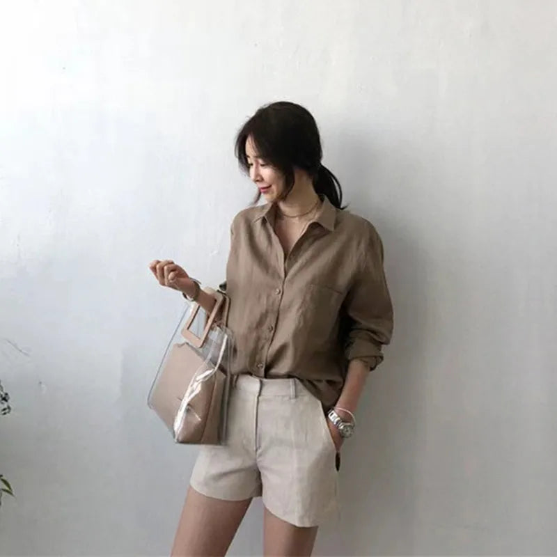 Anna-Berg | Natural Relaxed Fit Open Collar Linen Shirt