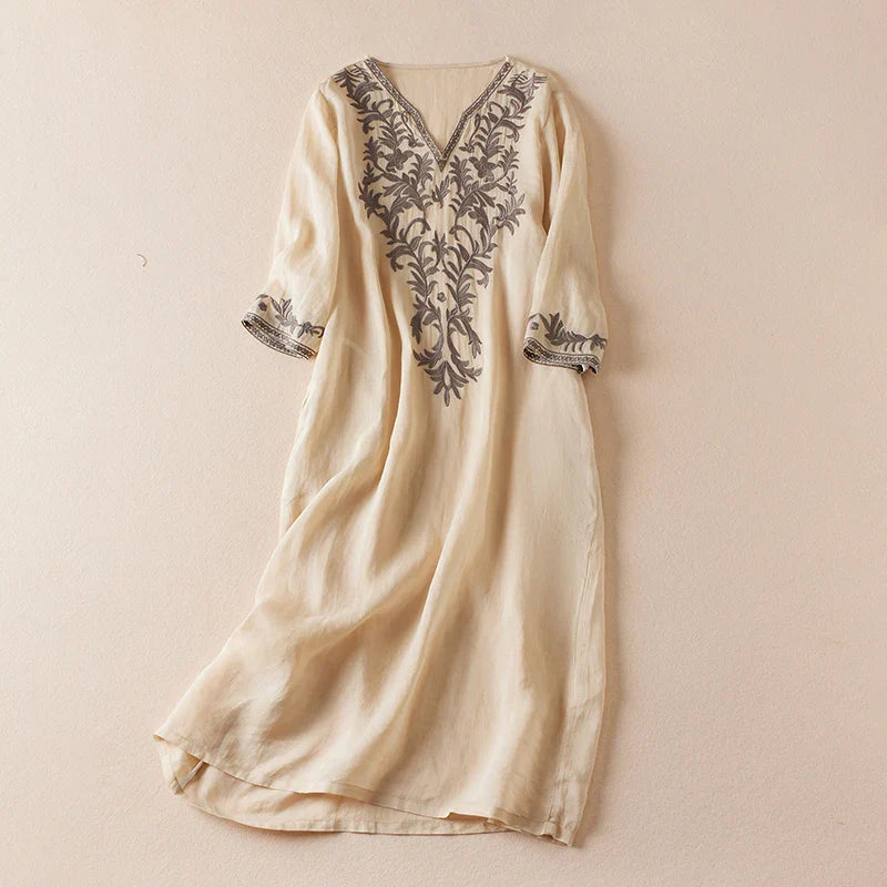 Anna-Berg | Ivory Floral-Embroidered Cotton Midi Dress
