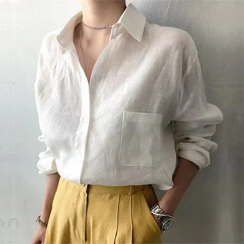 Anna-Berg | Natural Relaxed Fit Open Collar Linen Shirt