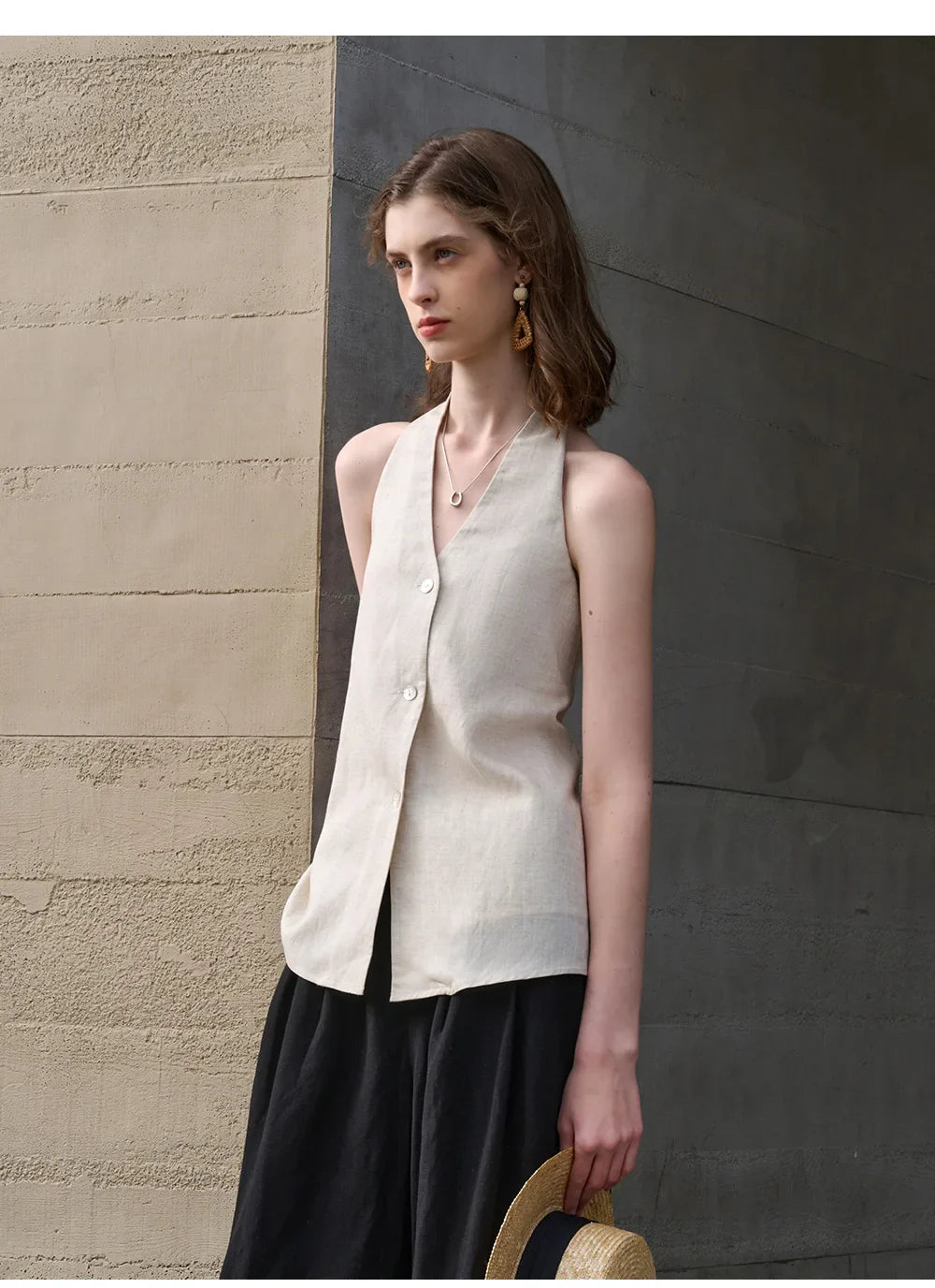 Anna-Berg | Natural Halter Linen Waistcoat Top