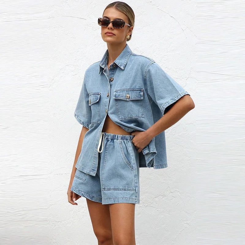 Anna-Berg | Blue Cropped Jacket High-Waist Jeans Denim 2-Piece Set