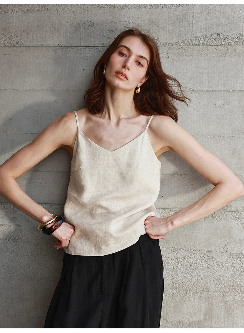 Anna-Berg | Natural Relaxed-Fit V-Neck Linen Camisole Top
