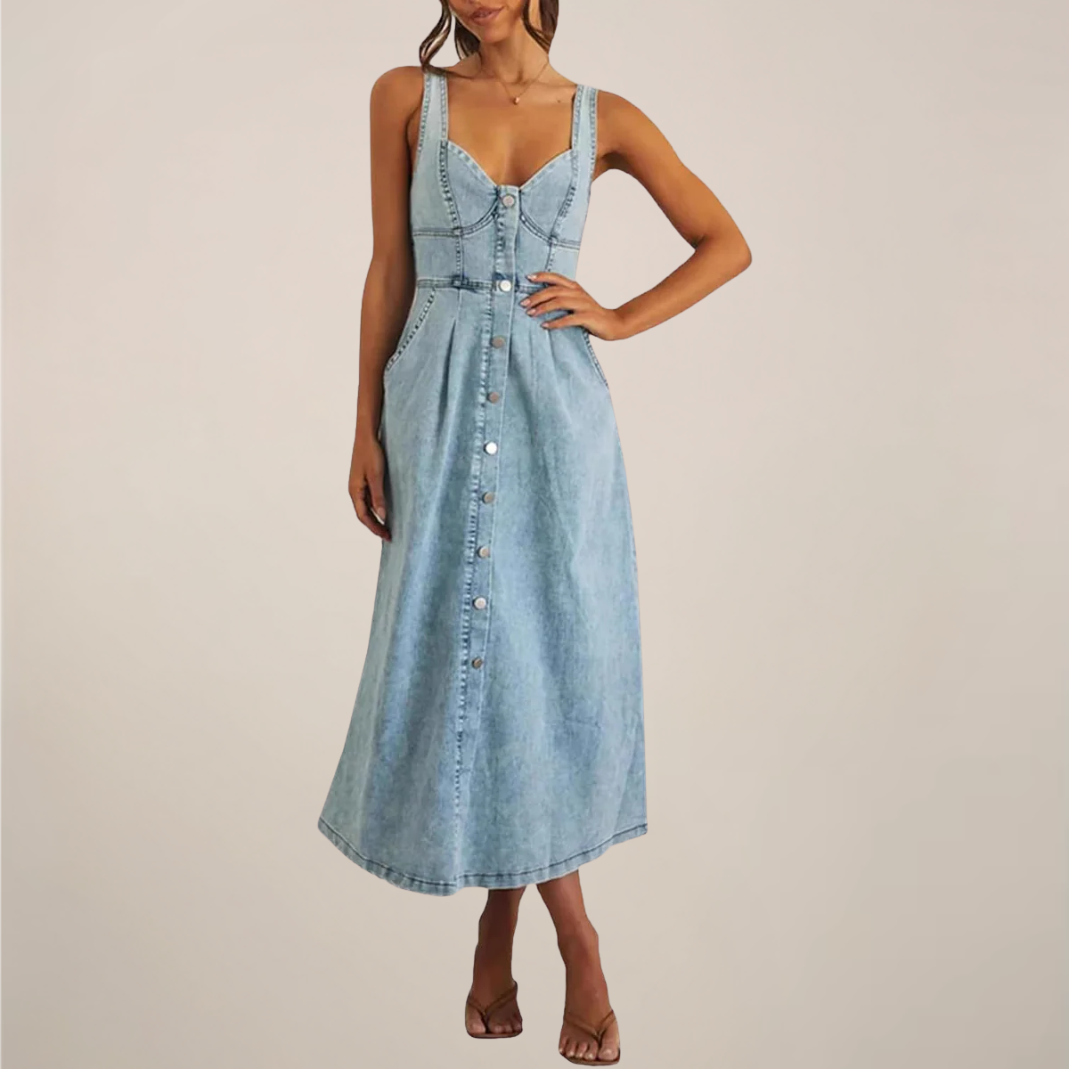 Anna-Berg | Sleeveless Button-Front Denim Midi Dress