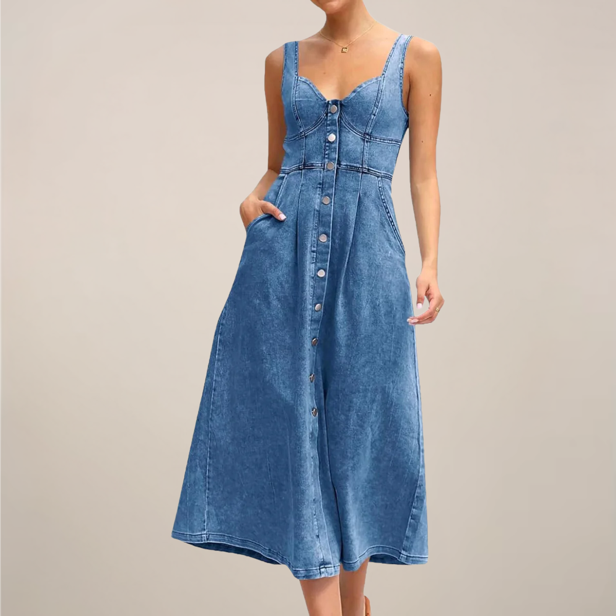 Anna-Berg | Sleeveless Button-Front Denim Midi Dress