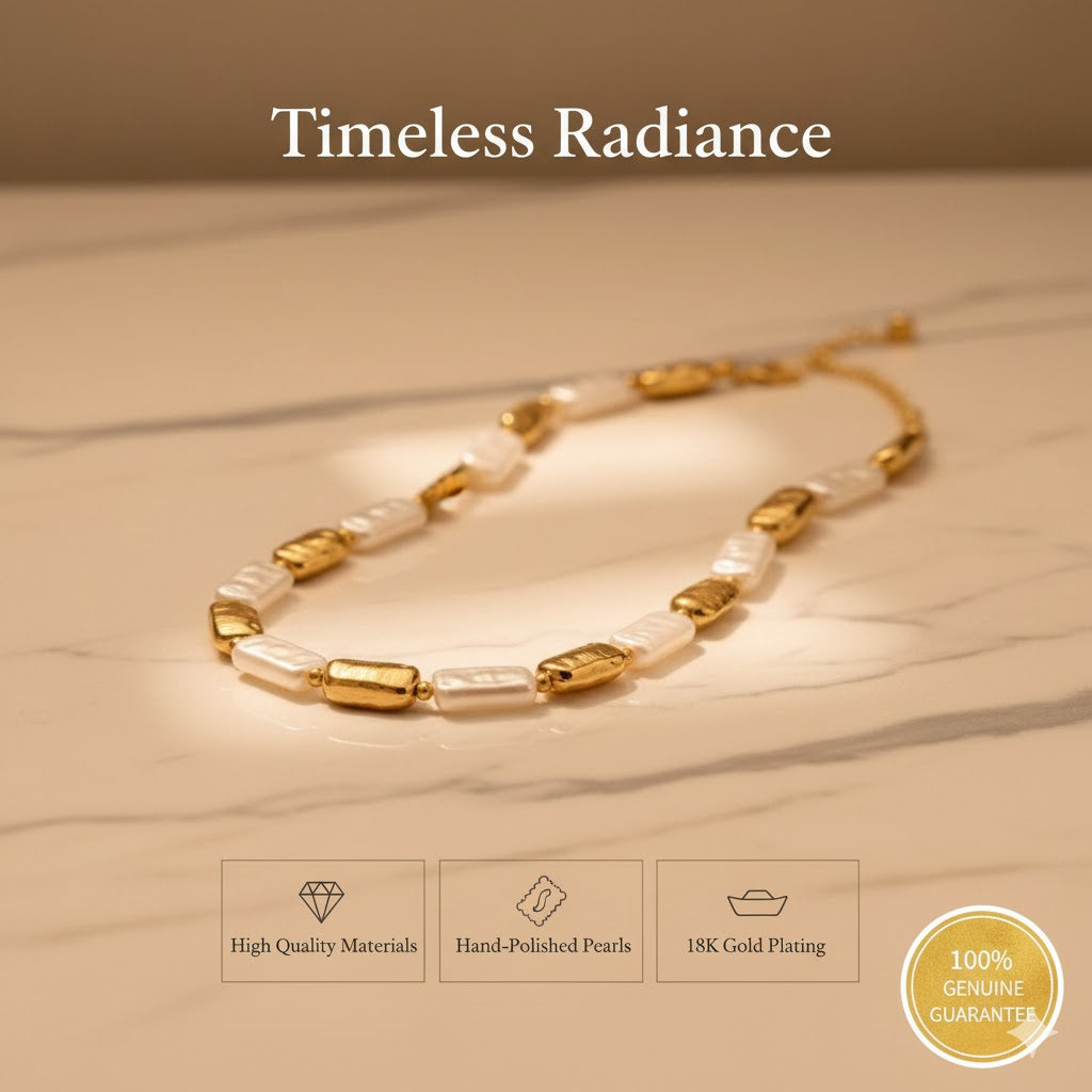 Vintage Gold & White Rectangular Pearl Necklace