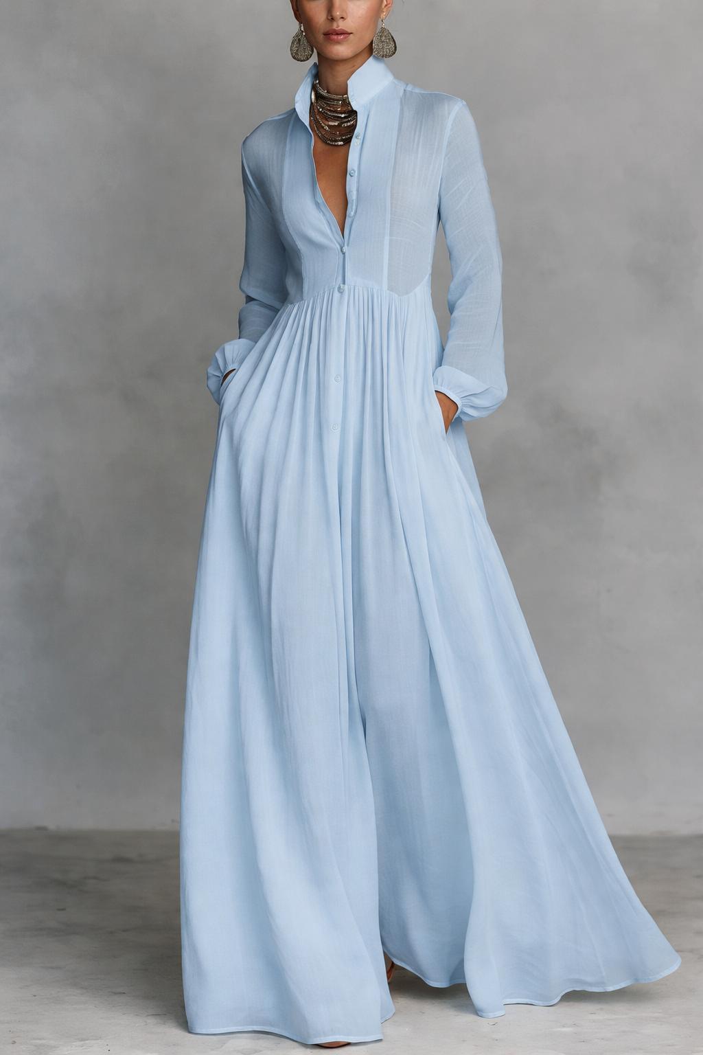 Anna-Berg | Stand Collar Button Long Sleeve Dress