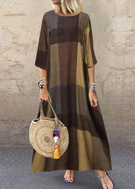 Anna-Berg | Khaki O-Neck Plaid Half Sleeve Dress
