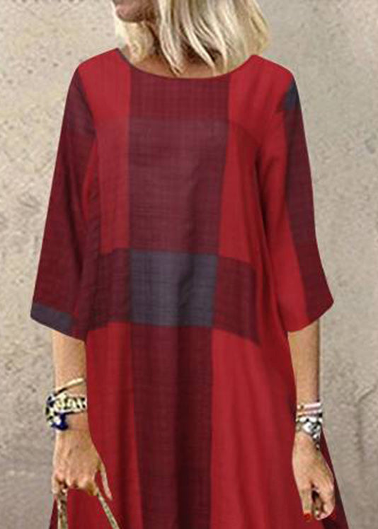 Anna-Berg | Khaki O-Neck Plaid Half Sleeve Dress