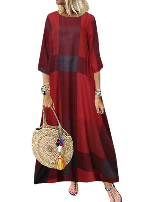Anna-Berg | Khaki O-Neck Plaid Half Sleeve Dress