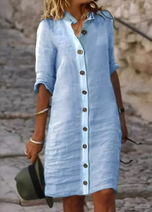 Anna-Berg | White Stand Collar Button Cotton Dress
