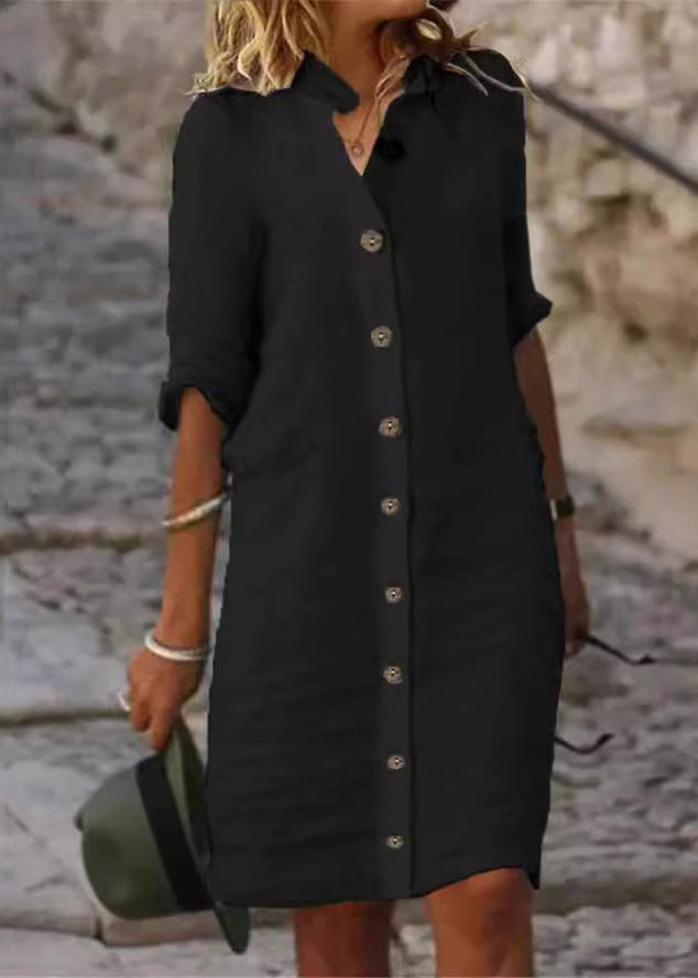 Anna-Berg | White Stand Collar Button Cotton Dress