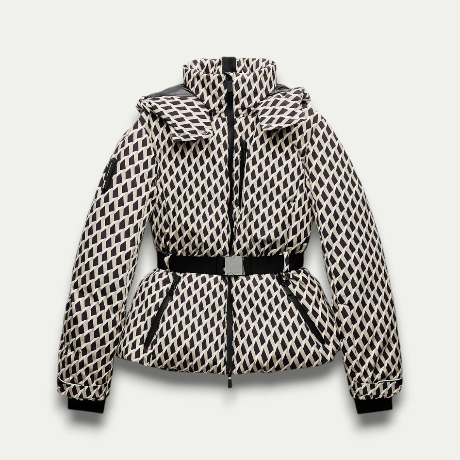 Anna-Berg | Puffer Jacket - Beige, Patterned, Belted, Water-Resistant, Insulated
