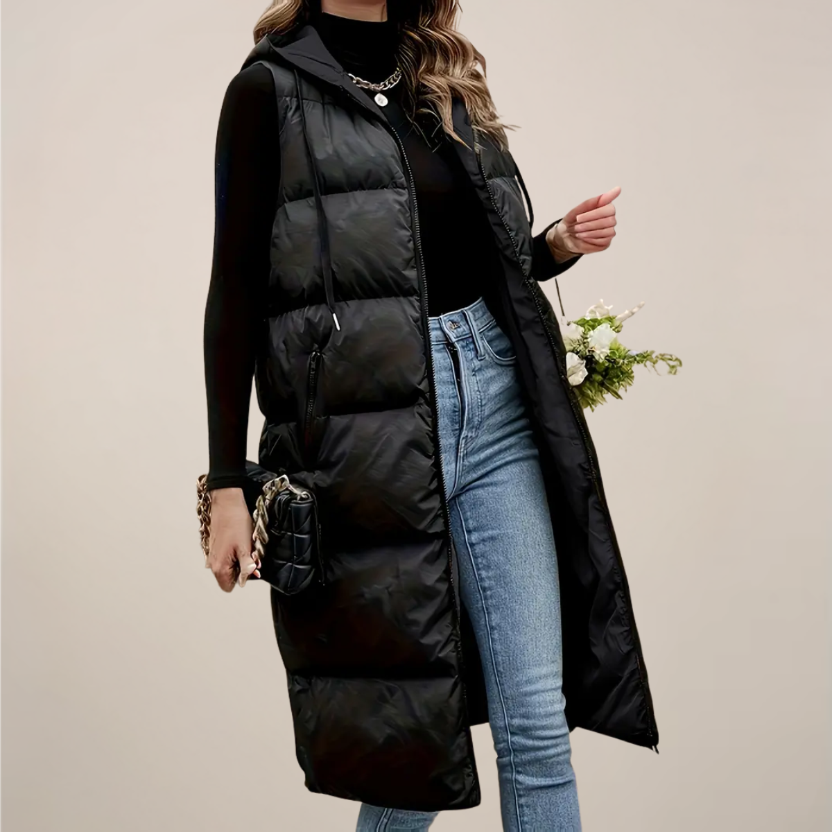 Anna-Berg | Longline Puffer Gilet - Black, Hooded, Zip Front, Zipped Pockets