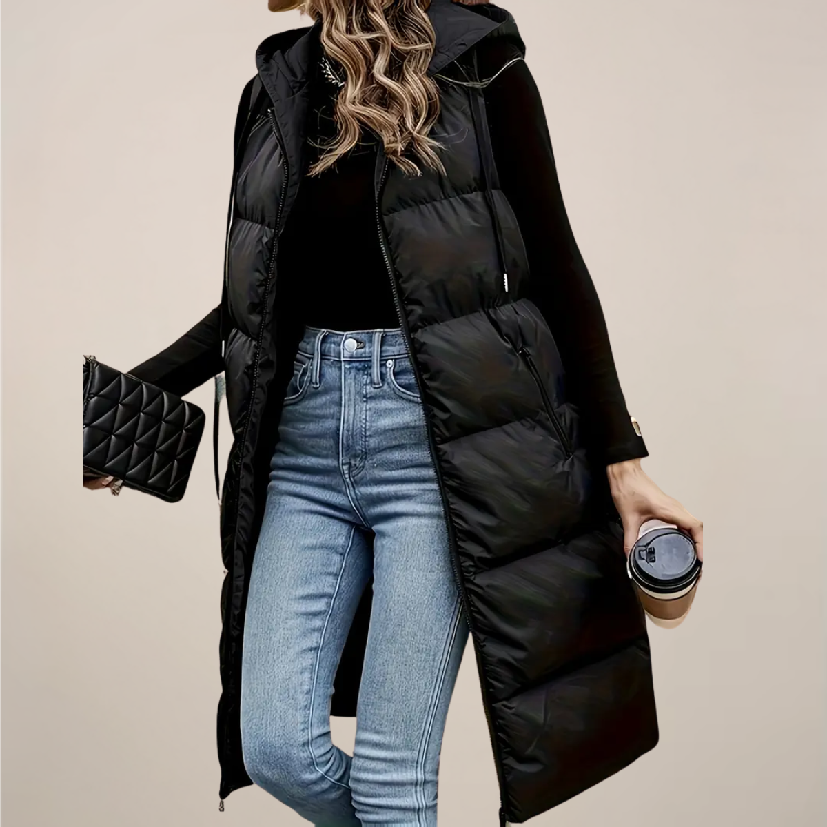 Anna-Berg | Longline Puffer Gilet - Black, Hooded, Zip Front, Zipped Pockets