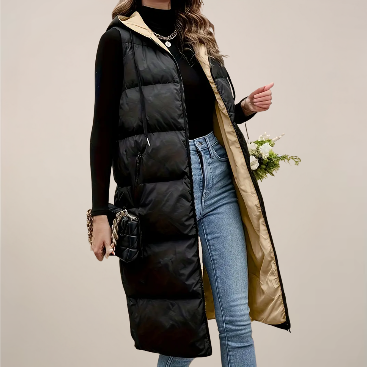 Anna-Berg | Longline Puffer Gilet - Black, Hooded, Zip Front, Zipped Pockets