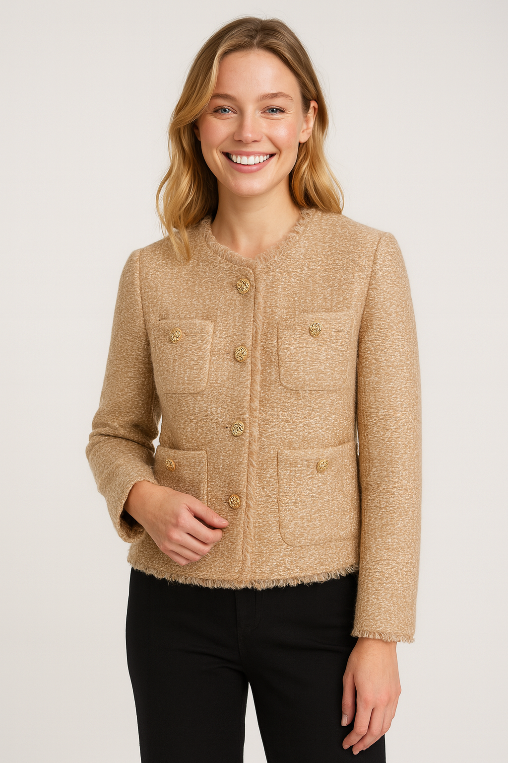 Anna-Berg | Blazer Jacket - Collarless, Gold Buttons, Four Pockets