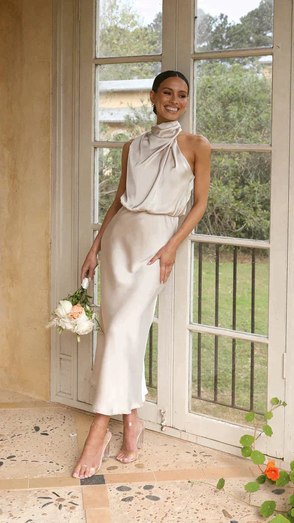 Anna-Berg | Midi Dress - Halter Style, Draped Neckline, Fluid Silhouette