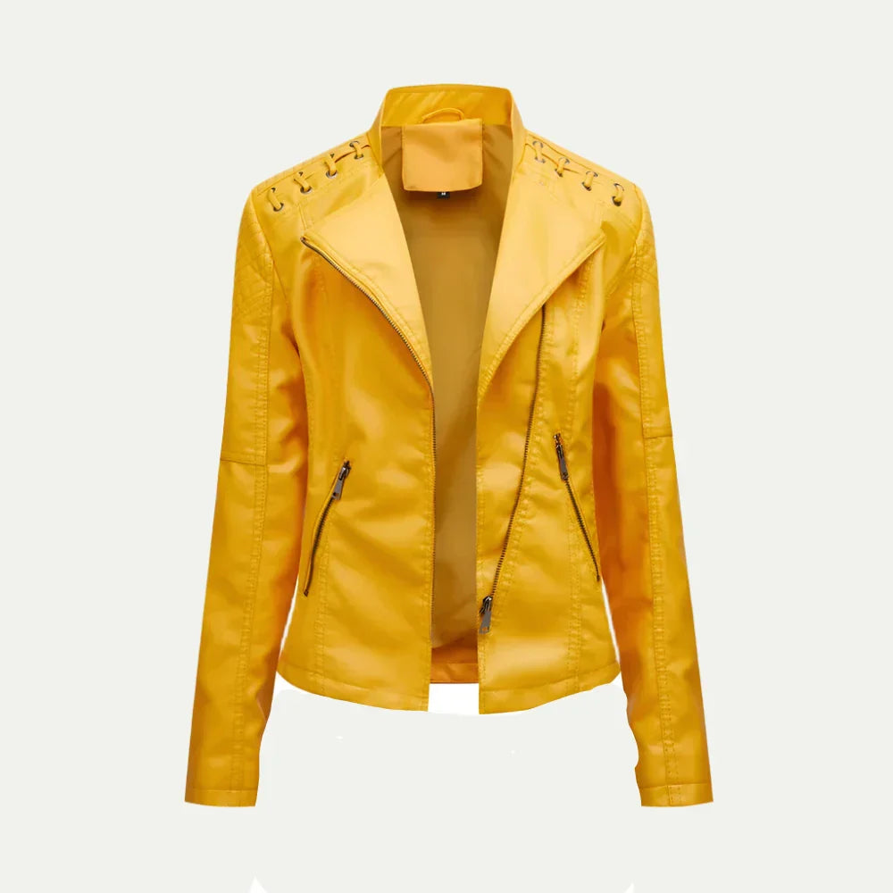 Anna-Berg | Leather Jacket with Asymmetric Zip & Quilted Shoulder Detail