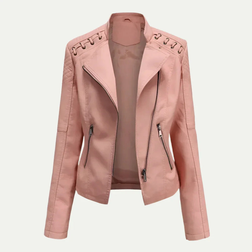 Anna-Berg | Leather Jacket with Asymmetric Zip & Quilted Shoulder Detail