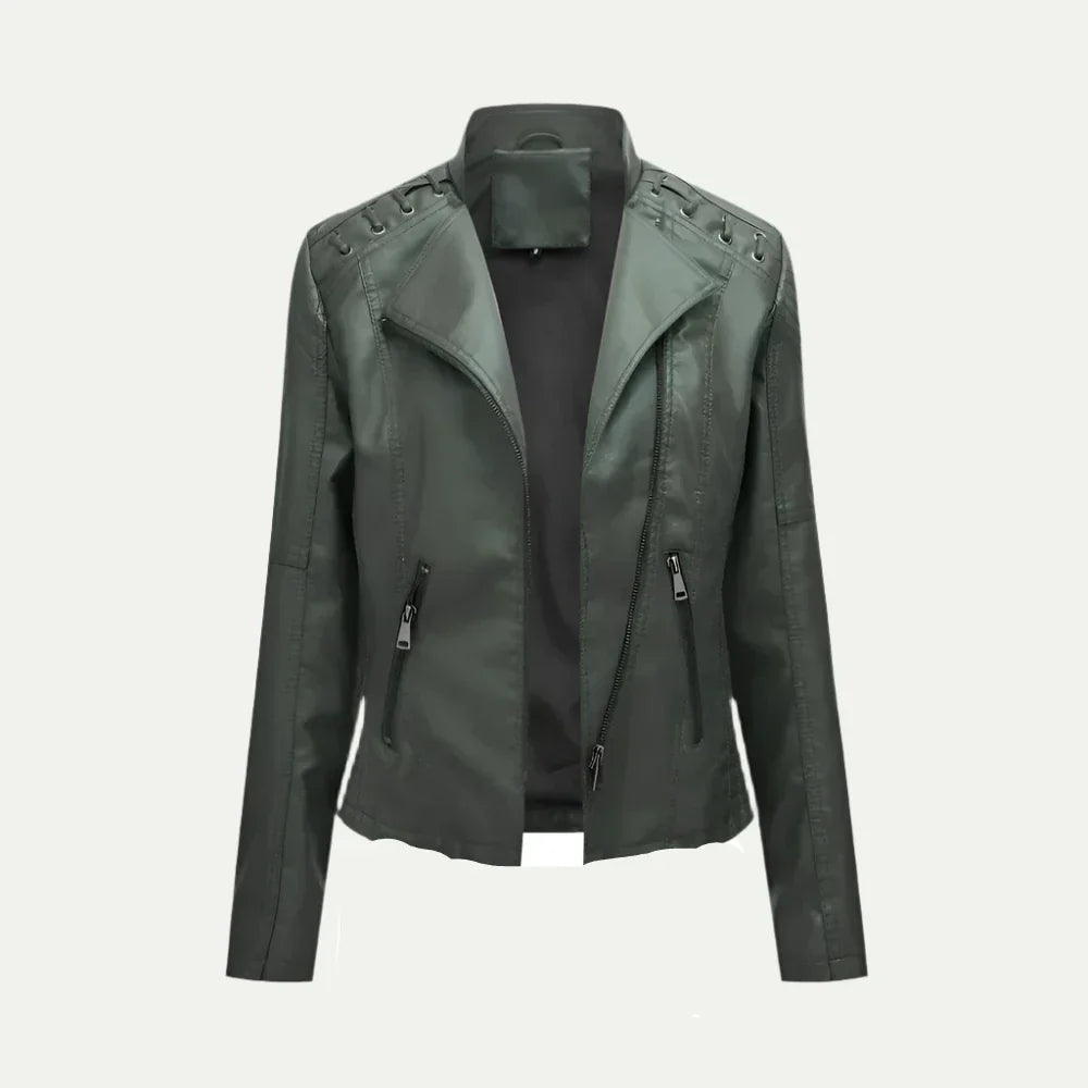 Anna-Berg | Leather Jacket with Asymmetric Zip & Quilted Shoulder Detail