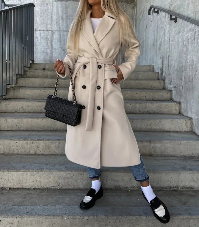 Anna-Berg | Long Double-Breasted Coat, Belted, Winter Overcoat