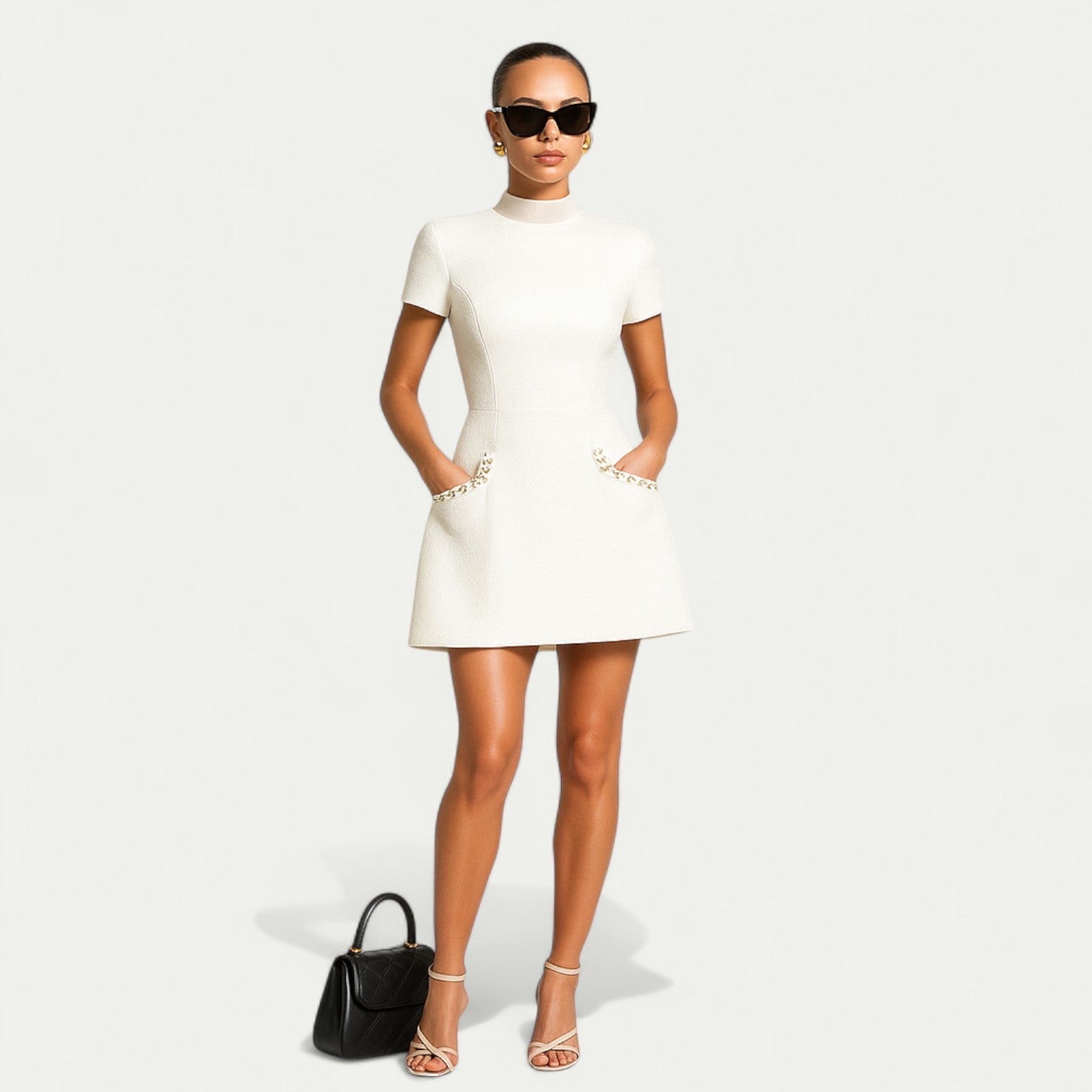Anna-Berg | Mini Dress, Pearl Trim, Pocket Detailing