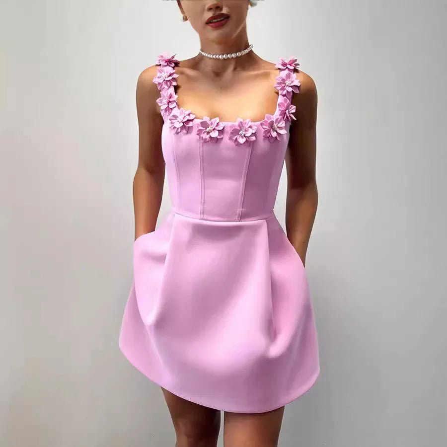 Anna-Berg | Mini Sheath Dress - Square Neck, Floral Detail