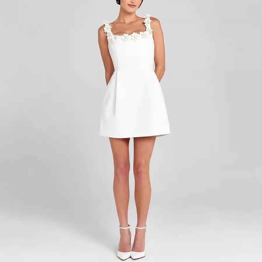 Anna-Berg | Mini Sheath Dress - Square Neck, Floral Detail
