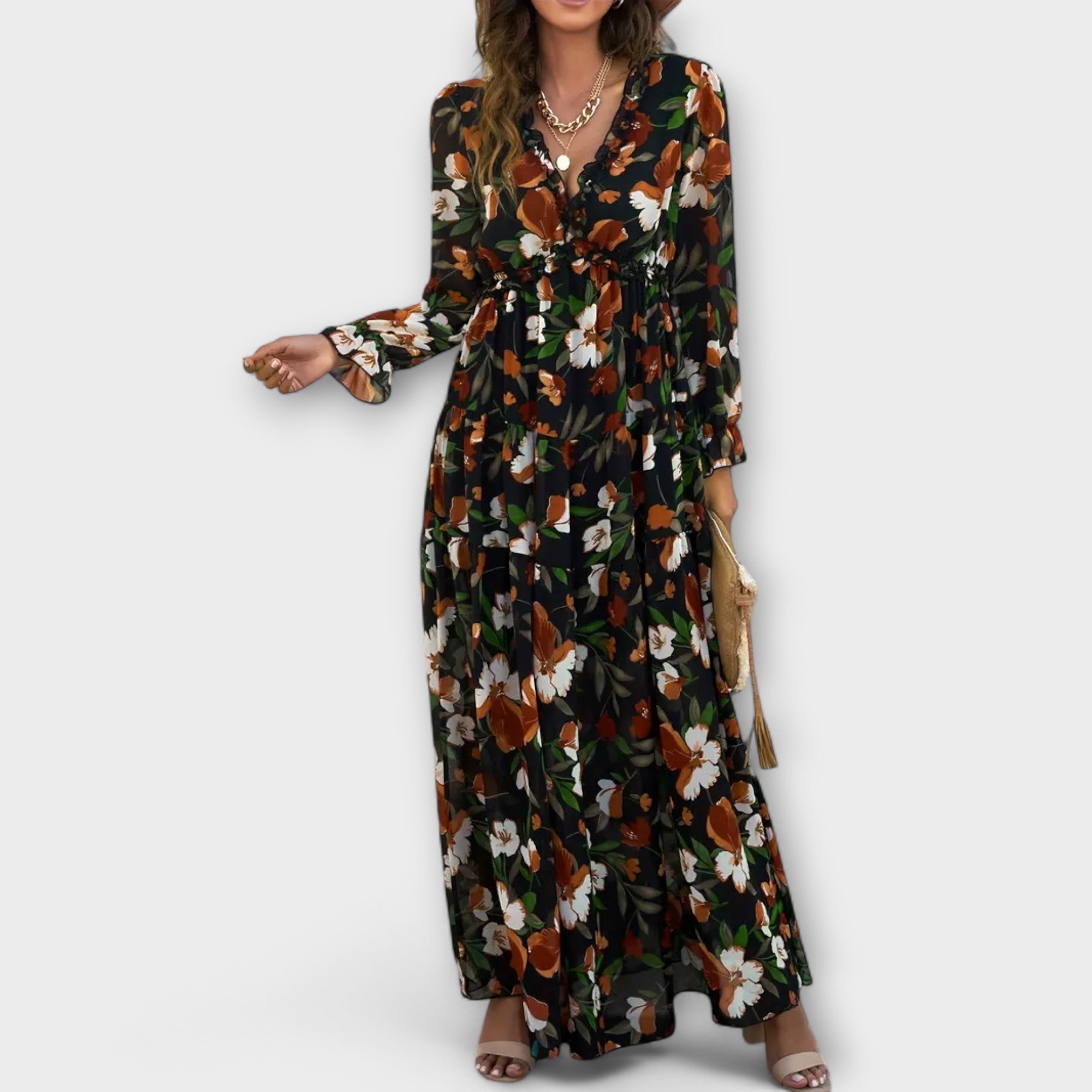 Anna-Berg | Maxi Dress, Floral, Long Sleeves, V-Neck