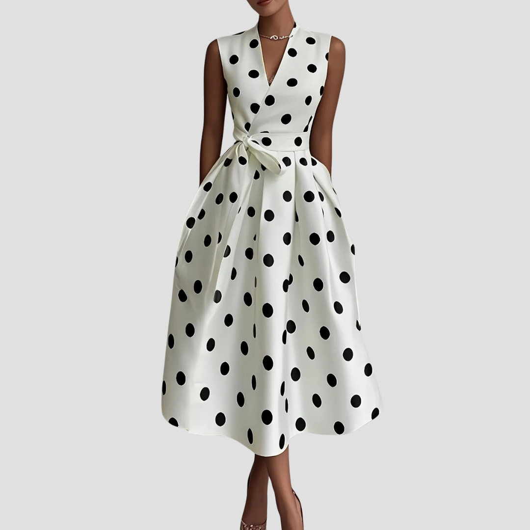 Anna-Berg | Midi Dress - Polka Dot, Wrap Front, Tie Waist, Sleeveless
